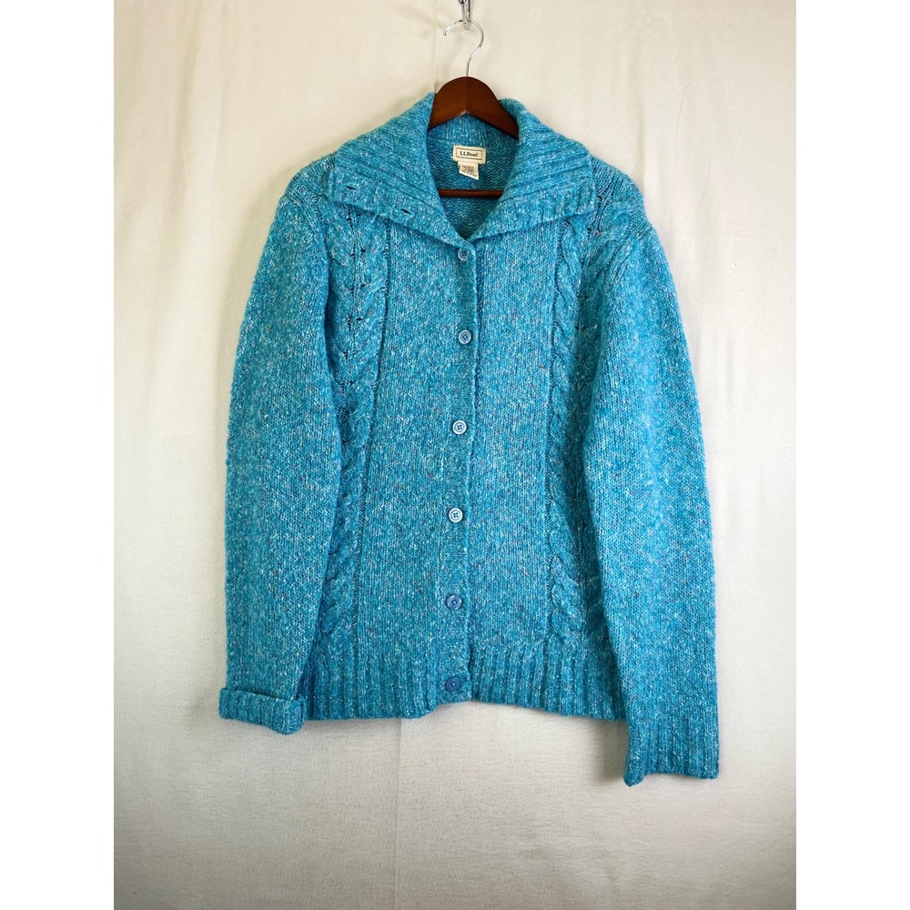 LL Bean Womens Blue Marl Cable Knit Wool Blend Cardigan Sweater Large Preppy